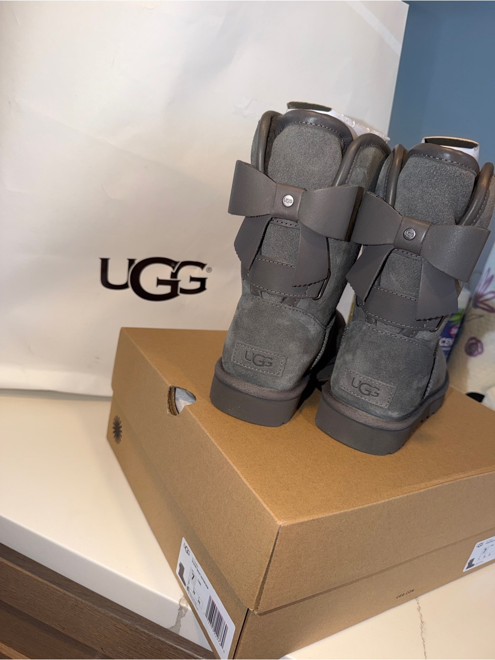 UGG Kids Charcoal Grey Bow-Back Suede Boots